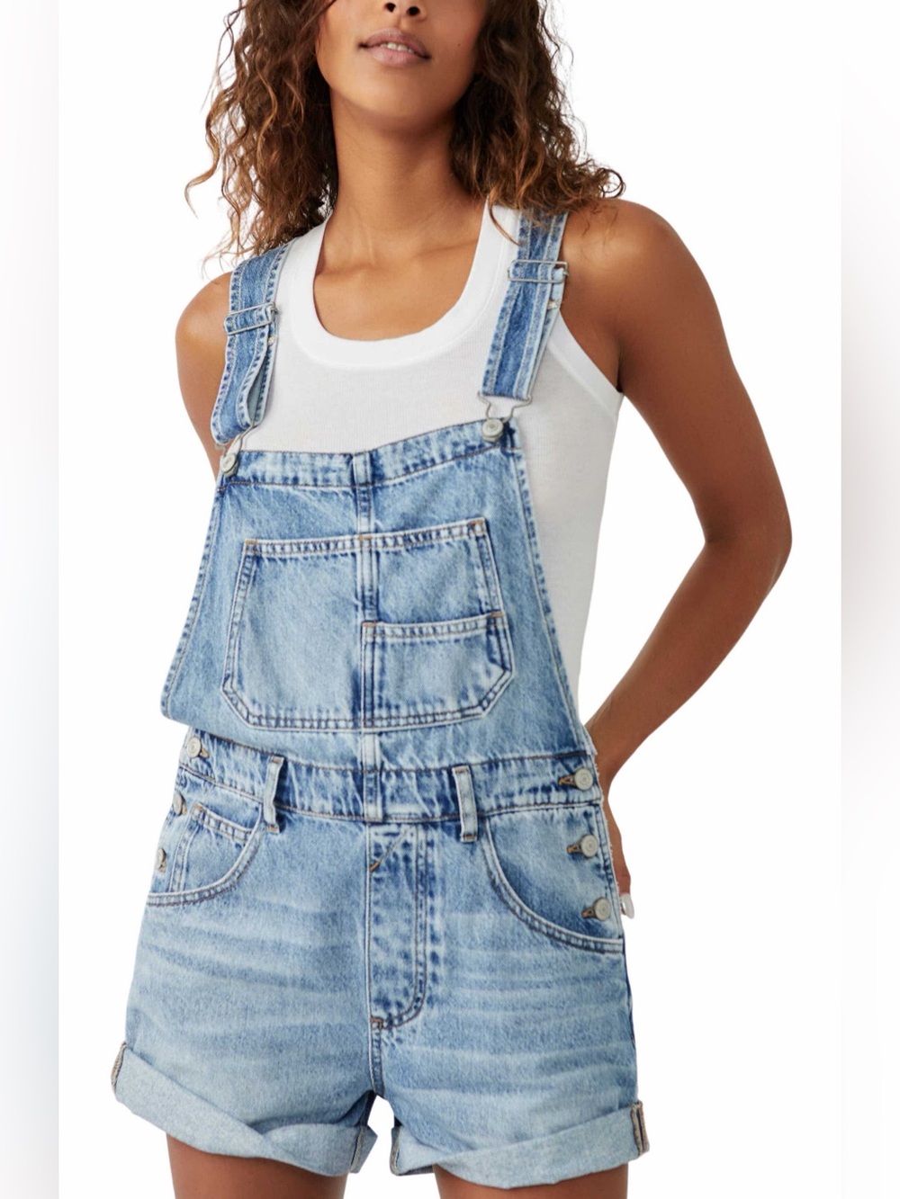 We The Free Ziggy Shortall Light Blue Denim Short Overalls